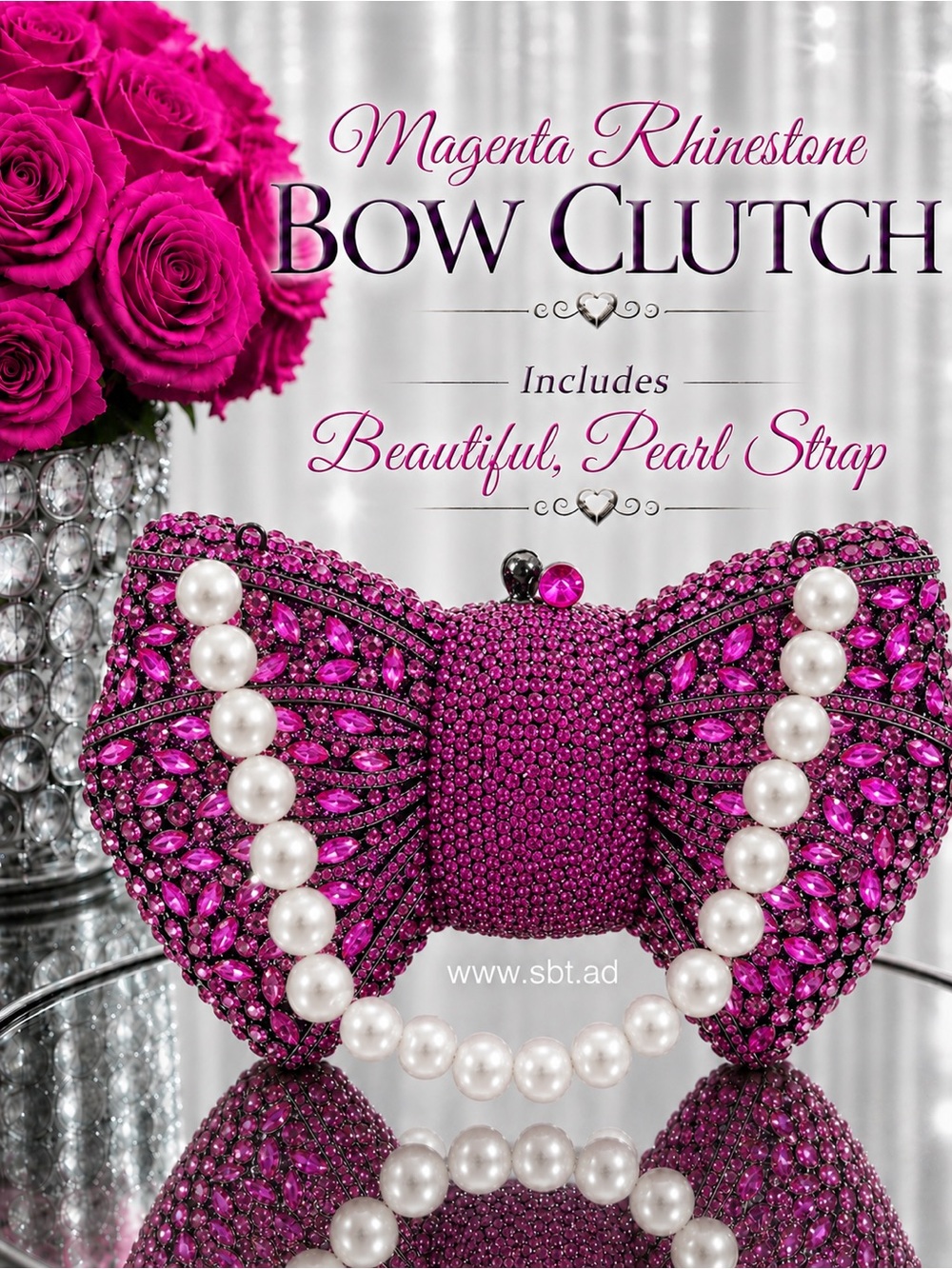 NEW Bow Clutch Purse Sparkling Bling Crystal Rhinestone Bag With Pearl Strap
